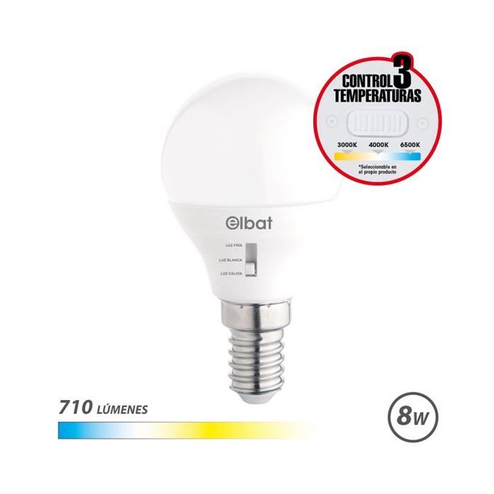 Elbat Bombilla LED G45 - 8W - 710Lm - E14 - Selector de Luz - Calida 3000K, Blanca 4000K y Fria 6500K