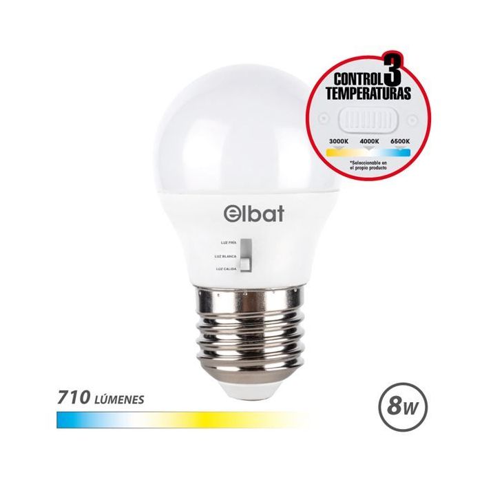 Elbat Bombilla LED G45 - 8W - 710Lm - E27 - Selector de Luz - Calida 3000K, Blanca 4000K y Fria 6500K