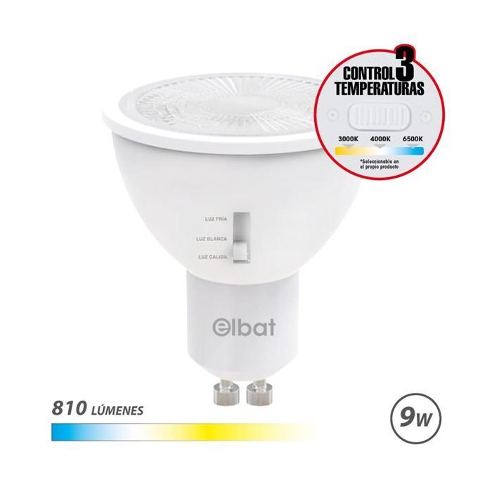 Elbat Bombilla LED GU10 - 9W - 810Lm - Selector de Luz - Calida 3000K, Blanca 4000K y Fria 6500K