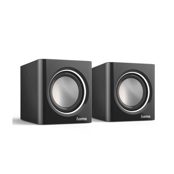 Hama Altavoces de Sobremesa - Cable 7cm - Frecuencia hasta 20GHz - Jack 3.5mm - 7x7x7cm - Color Negro y Plata