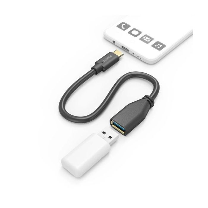 Hama Cable Adaptador USB-C a USB-A Hembra - Varias Velocidades - Cable 15cm - Incluye Accesorios - Funcion OTG - Color Negro