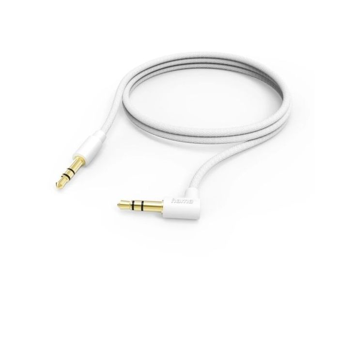 Hama Cable de Audio Acodado 90º - Jack 3.5mm Macho - Longitud 0.5m - Estereo - Contactos Chapados en Oro - Color Blanco