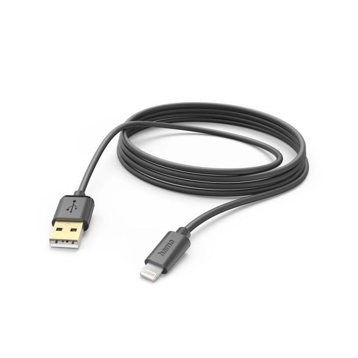 Hama Cable de Carga - USB-A Macho - Lightning - Longitud 1.5m - Velocidad hasta 480Mbps - Chapado en Oro - Color Negro