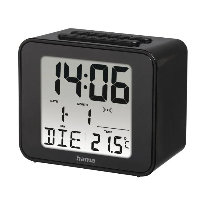 Hama Cube Radio Reloj Despertador - Pantalla Digital - Termometro - Funcion de Repeticion de Alarma - Zona Horaria Ajustable - 7x4x6cm - Color Negro