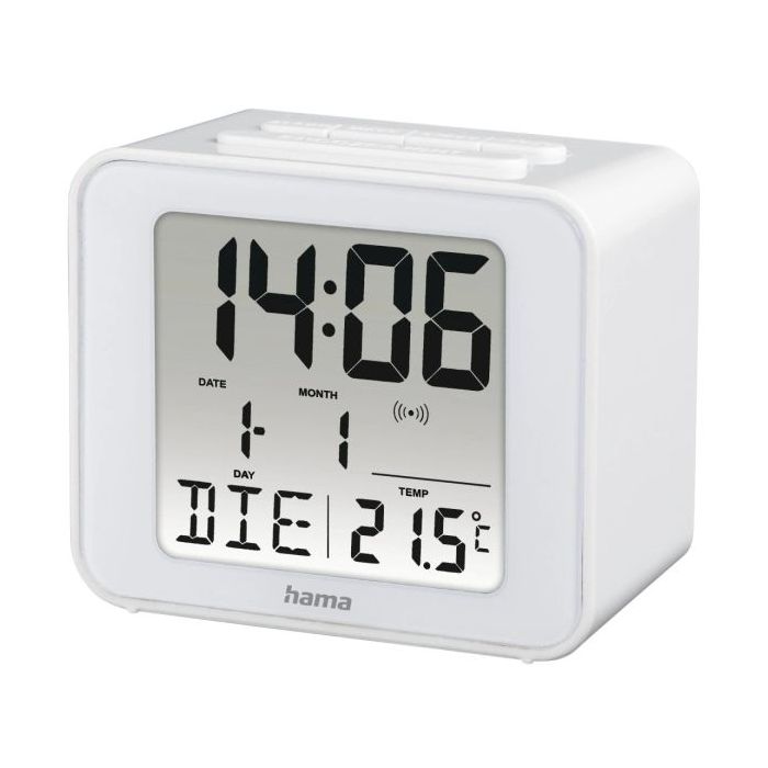 Hama Cube Radio Reloj Despertador - Termometro - Pantalla Digital - Funcion de Repeticion de Alarma - Zona Horaria Ajustable - 7x4x6cm - Color Blanco