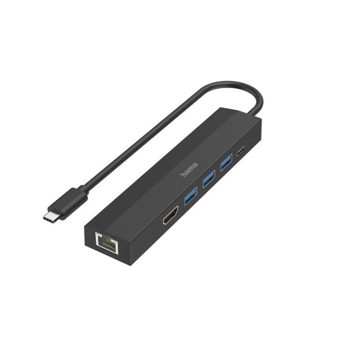 Hama Entry Hub USB 3.2 - Potencia Maxima 100W - Cable USB-C Integrado de 15cm - LAN Ethernet 1Gbps - HDMI 4K - 3x USB-A - USB-C - Power Delivery - Color Negro