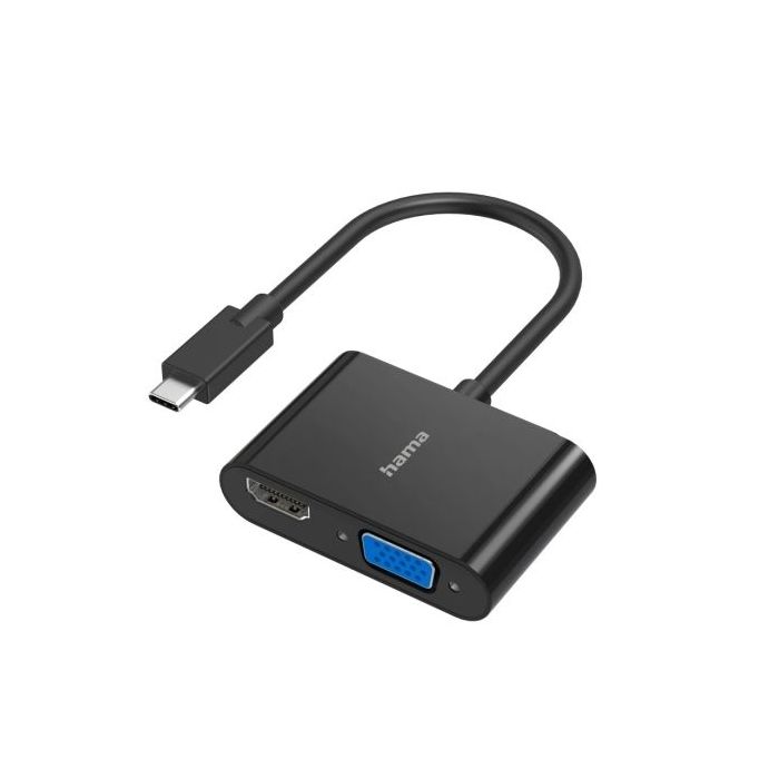 Hama Essential Adaptador de Video 2 en 1 - Entrada USB-C Macho - Salida VGA y HDMI Hembra - Color Negro