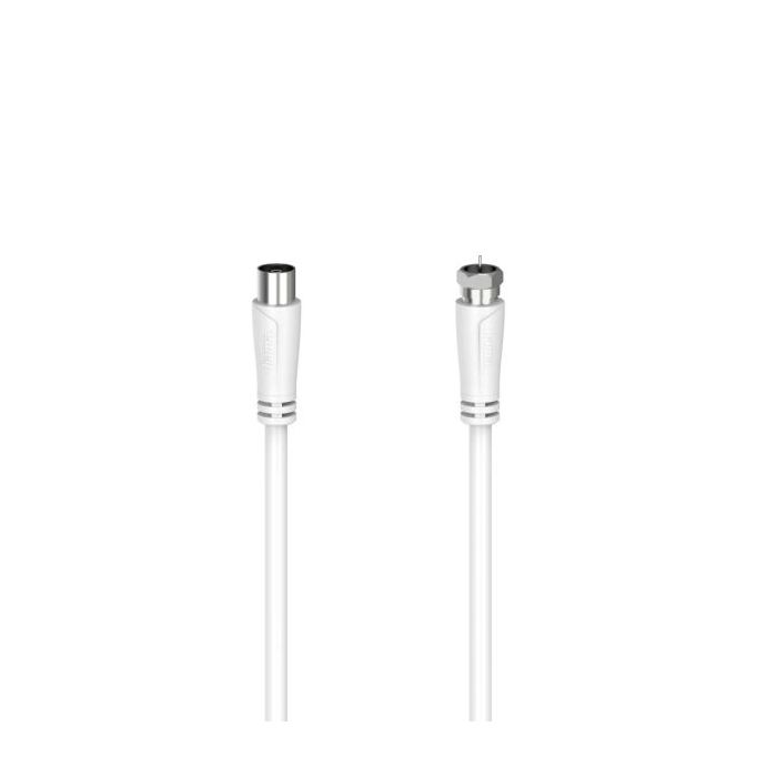 Hama Essential Cable Coaxial de Antena - Longitud 1.5m - Coaxial Hembra - Conector F Macho - Doble Blindaje - Apantallamiento 90dB - Impedancia 75Ohm - Color Blanco
