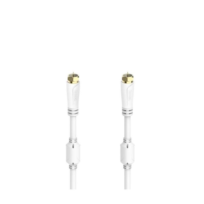 Hama Essential Cable Coaxial de Antena - Longitud 1.5m - Terminales Chapados en Oro - Conector F Macho - Triple Blindaje - Apantallamiento 100dB - Impedancia 75Ohm - Color Blanco