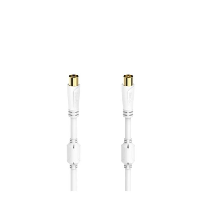 Hama Essential Cable Coaxial de Antena Macho/Hembra - Longitud 0.75m - Terminales Chapados en Oro - Triple Blindaje - Apantallamiento 100dB - Impedancia 75Ohm - Color Blanco