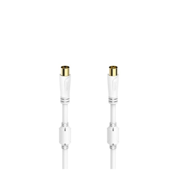 Hama Essential Cable Coaxial de Antena Macho/Hembra - Longitud 5m- Terminales Chapados en Oro - Triple Blindaje - Apantallamiento 100dB - Impedancia 75Ohm - Color Blanco