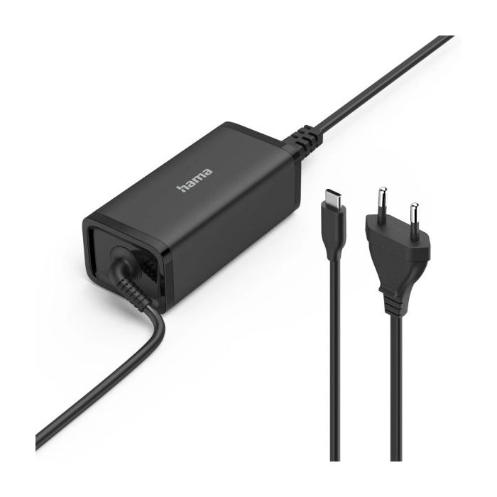 Hama Essential Fuente de Alimentacion Universal para Portatil - Potencia 100W - Voltaje 5-20V - Cable de Entrada 1.2m - Cable de Salida 0.95m - Power Delivery - GaN - Color Negro