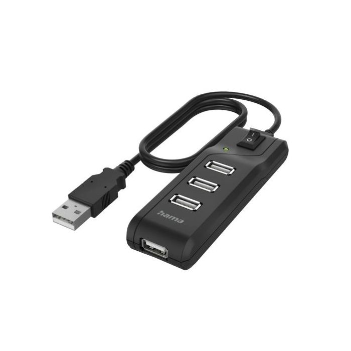 Hama Essential Hub USB 2.0 - Cable USB-A Integrado de 1.8m - 4x USB-A - Color Negro