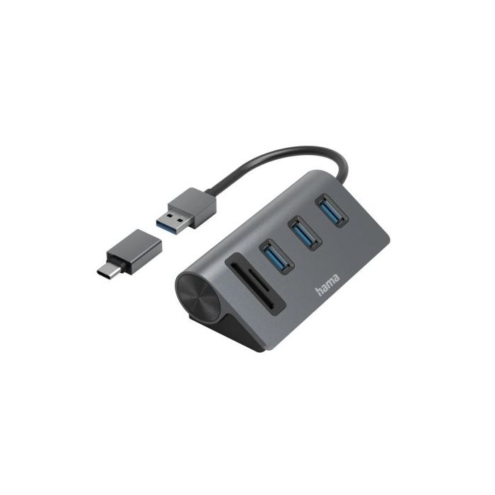 Hama Essential Hub USB 3.2 - Cable USB-A Integrado - Adapatador USB-C - Tarjeta SD - Tarjeta Micro-SD - 3x USB-A - Color Negro y Gris