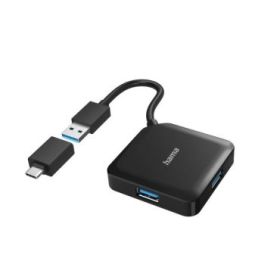 Hama Essential Hub USB 3.2 - Cable USB-A Integrado de 15cm - Adapatador USB-C - 4x USB-A - Color Negro