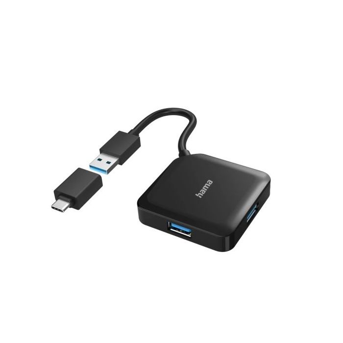 Hama Essential Hub USB 3.2 - Cable USB-A Integrado de 15cm - Adapatador USB-C - 4x USB-A - Color Negro