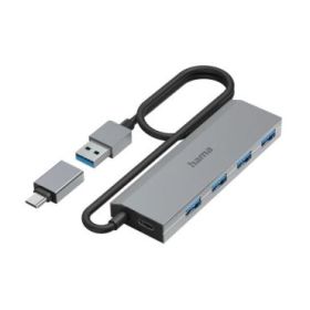 Hama Essential Hub USB 3.2 - Cable USB-A Integrado de 1m - Adapatador USB-C - 4x USB-A - Color Gris