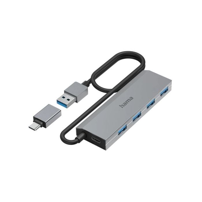 Hama Essential Hub USB 3.2 - Cable USB-A Integrado de 1m - Adapatador USB-C - 4x USB-A - Color Gris
