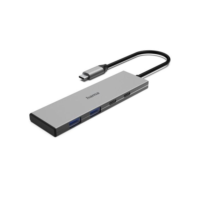 Hama Essential Hub USB 3.2 - Potencia Maxima 100W - Cable USB-C Integrado de 15cm - 2x USB-C - 2x USB-A - Power Delivery - Color Gris