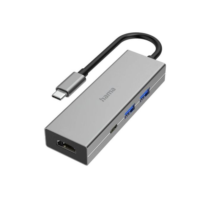 Hama Essential Hub USB 3.2 - Potencia Maxima 100W - Cable USB-C Integrado de 15cm - HDMI 4K - USB-C - 2x USB-A - Power Delivery - Color Gris