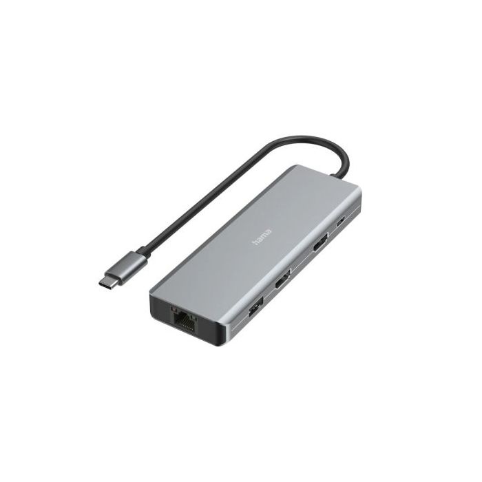 Hama Essential Hub USB 3.2 - Potencia Maxima 100W - Cable USB-C Integrado de 15cm - LAN Ethernet 1Gbps - 2x HDMI 4K - 2x USB-C - 2x USB-A - Power Delivery - Color Gris