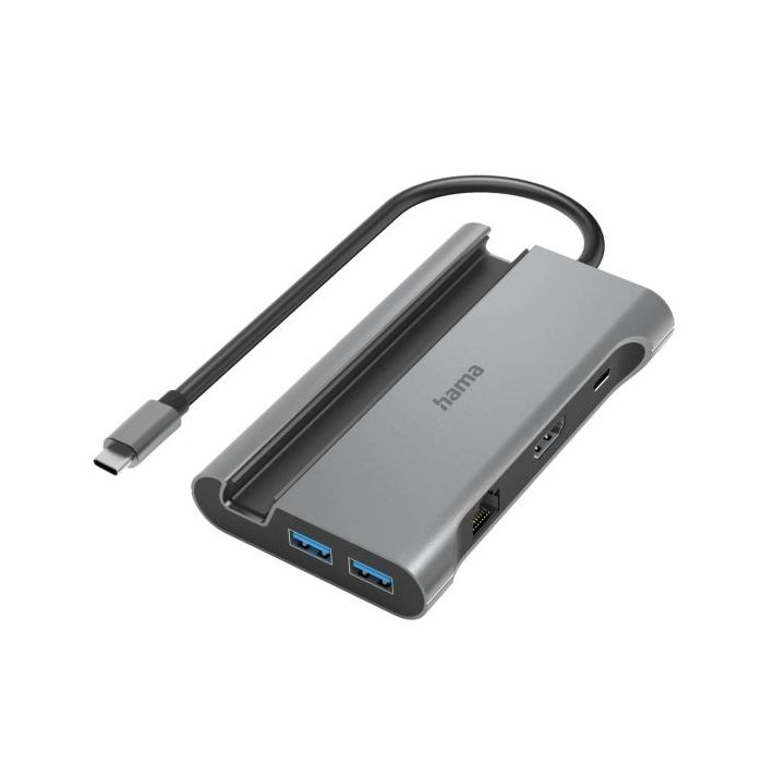 Hama Essential Hub USB 3.2 - Potencia Maxima 100W - Cable USB-C Integrado de 15cm - LAN Ethernet 1Gbps - HDMI 4K - 3x USB-A - 2x USB-C - Power Delivery - Color Gris