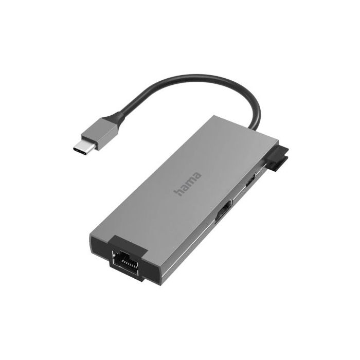 Hama Essential Hub USB 3.2 - Potencia Maxima 100W - Cable USB-C Integrado de 15cm - LAN Ethernet 1Gbps - HDMI 4K - USB-C - 2x USB-A - Power Delivery - Color Gris