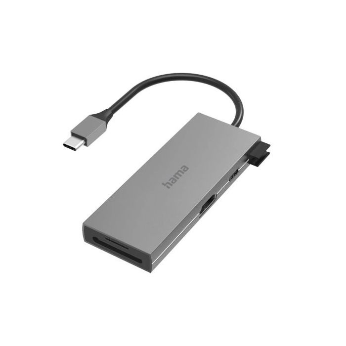 Hama Essential Hub USB 3.2 - Potencia Maxima 100W - Cable USB-C Integrado de 15cm - Power Delivery - Tarjeta SD - Tarjeta Micro-SD - HDMI 4K - USB-C - 4x USB-A - Color Gris