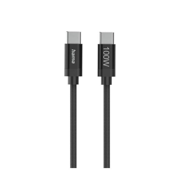 Hama Fabric Cable USB-C Macho - Potencia Maxima 100W - Longitud 1.5m - Nailon - Velocidad hasta 480Mbps - Blindaje Doble - Color Negro