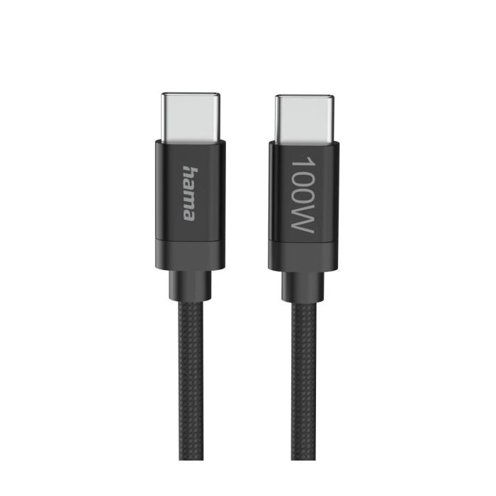 Hama Fabric Cable USB-C Macho - Potencia Maxima 100W - Longitud 3m - Nailon - Velocidad hasta 480Mbps - Blindaje Doble - Color Negro
