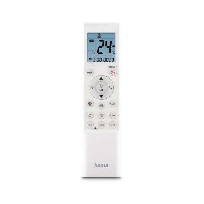 Hama Mando a Distancia para Aire Acondicionado - Universal - Soporte de Pared Incluido - Pantalla LCD - Temporizador - Alcance 5m - 16 Botones - Color Blanco