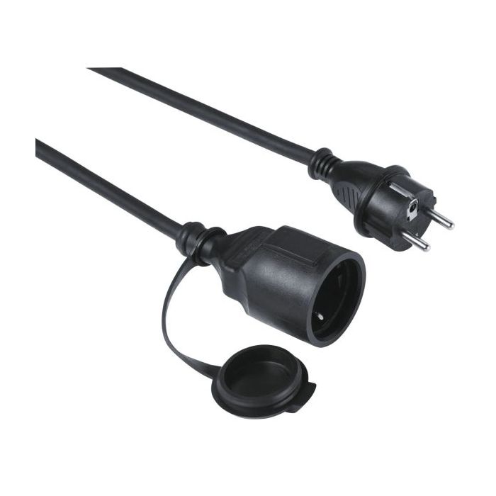 Hama Outdoor  Cable de Alimentacion Alargador para Exteriores - Potencia Maxima 3680W - Longitud 10m - Seccion 1.5mm2 - Schuko CEE7 - Tapa Protectora - Color Negro