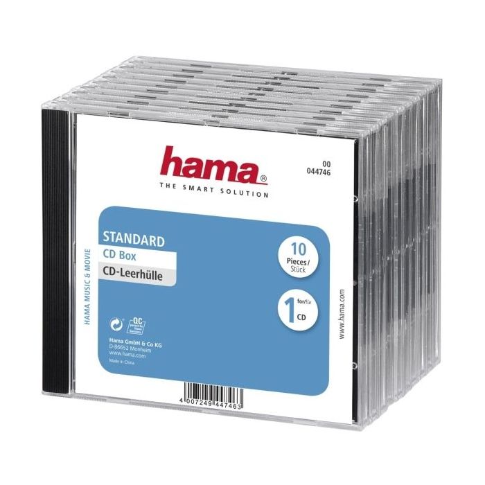 Hama Pack de 10 Cajas Vacias para CD/DVD - Poliestireno - 14x12.4x1.04cm - Color Negro y Transparente
