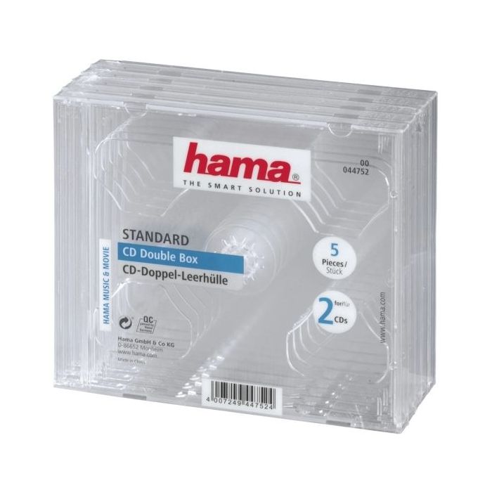 Hama Pack de 5 Cajas Dobles Vacias para CD/DVD - Poliestireno - 14x12.4x1.04cm - Color Transparente