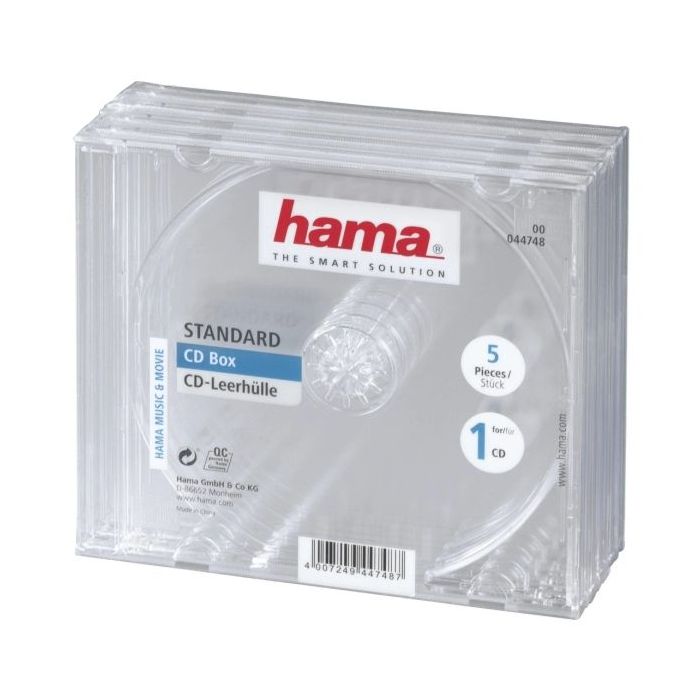 Hama Pack de 5 Cajas Vacias para CD/DVD - Poliestireno - 14x12.4x1.04cm - Color Transparente