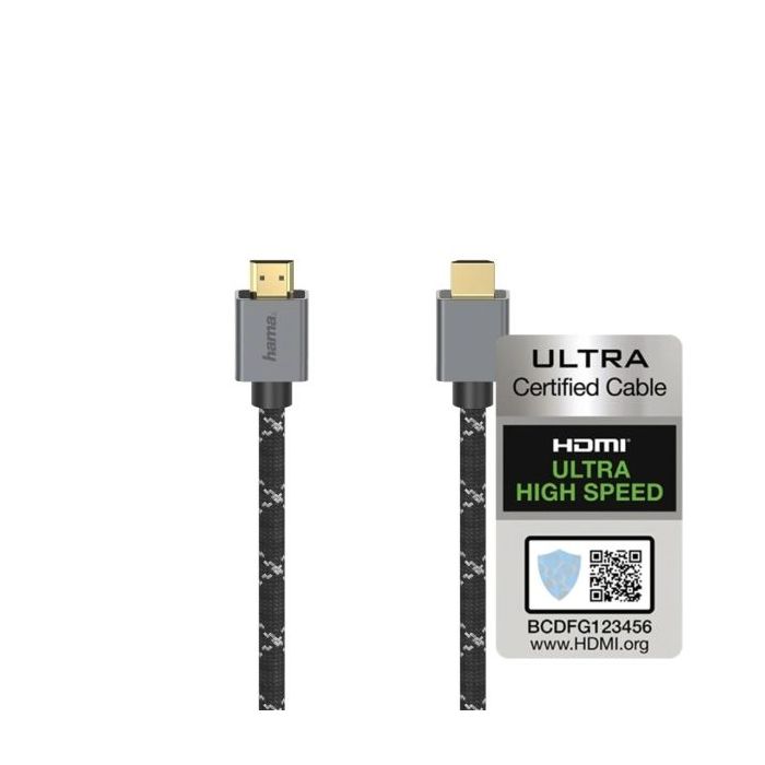 Hama Prime Cable HDMI 8K Macho - Certificado - Longitud 2m- Soporta eARC - Terminales Chapados en Oro - Ethernet - Velocidad hasta 48Gbps - Doble Blindaje - Color Negro y Gris