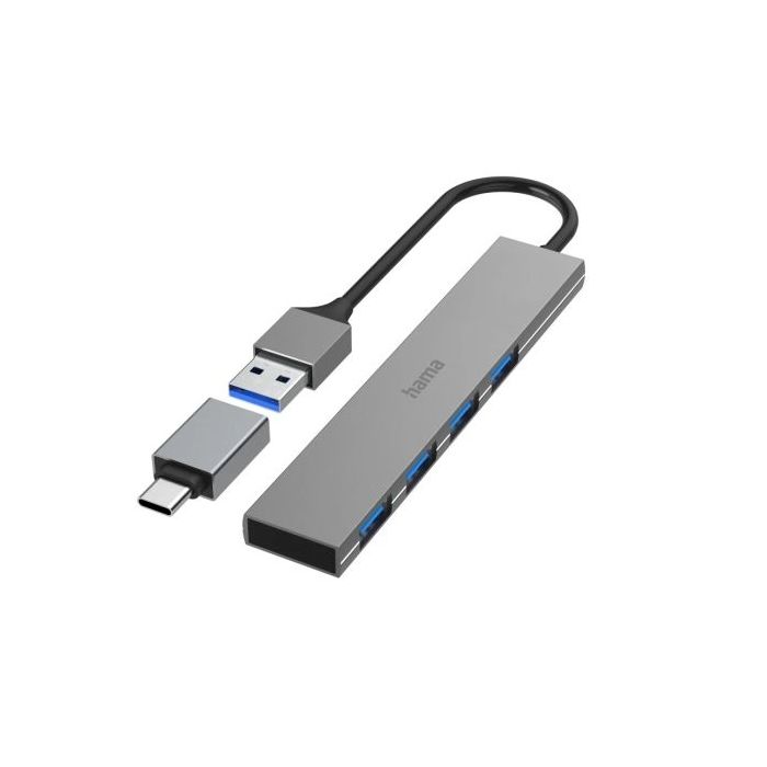 Hama Prime Hub USB 3.2 - Cable USB-A Integrado de 15cm - USB-A Hembra x4 - Adaptador USB-A a USB-C - 10.7x2.1x0.7cm - Color Gris