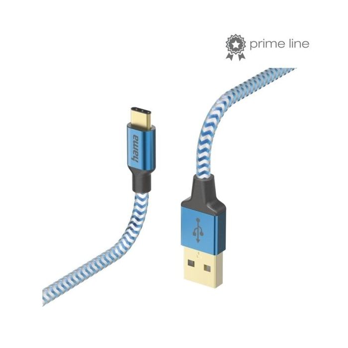 Hama Reflective Cable USB - Longitud 1.5m - USB-A Macho - USB-C Macho - Nailon - Velocidad hasta 480Mbps - Chapado en Oro - Color Azul