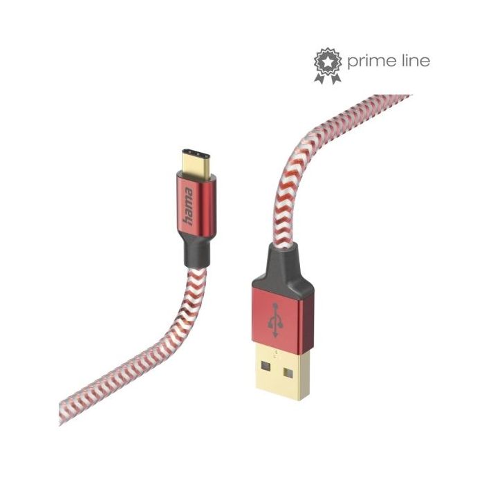 Hama Reflective Cable USB - Longitud 1.5m - USB-A Macho - USB-C Macho - Nailon - Velocidad hasta 480Mbps - Chapado en Oro - Color Rojo