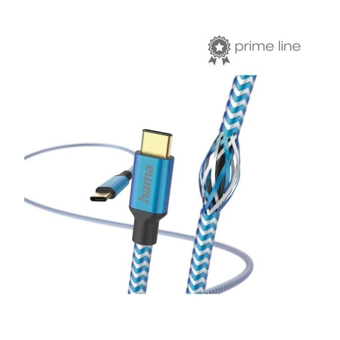 Hama Reflective Cable USB-C Macho - Potencia Maxima 60W - Longitud 1.5m - Nailon - Velocidad hasta 480Mbps - Chapado en Oro - Color Azul
