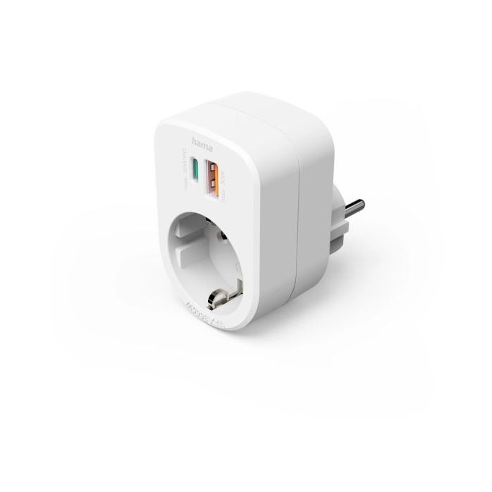 Hama Regleta Alimentacion con 3 Tomas - Potencia Maxima 3680W - 1x Schuko - 1x USB-C - 1x USB-A - Power Delivery - Color Blanco