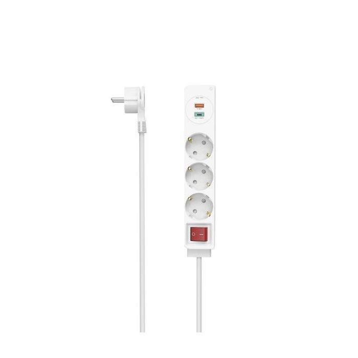 Hama Regleta Alimentacion con 5 Tomas - Potencia Maxima 3680W - Cable 1.4m - 3x Schuko - 1x USB-C - 1x USB-A - Interruptor de Encendido - Enchufe Schuko en Angulo - 4.2x4x23.7cm - Color Blanco