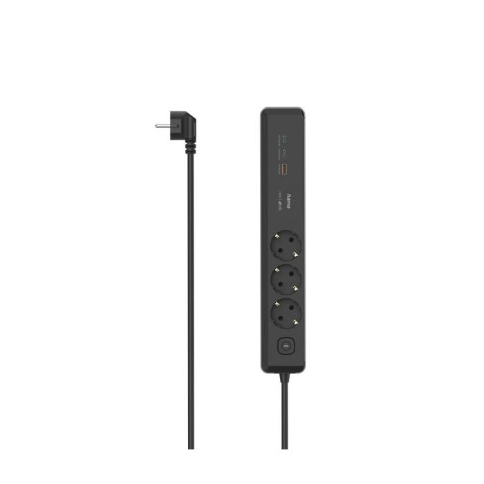 Hama Regleta Alimentacion con 6 Tomas - Cable 1.4m - 3x Schuko - 2x USB-C - 1x USB-A - Interruptor de Encendido - Enchufe Schuko en Angulo - Power Delivery - 4.4x6x33cm - Color Negro y Gris