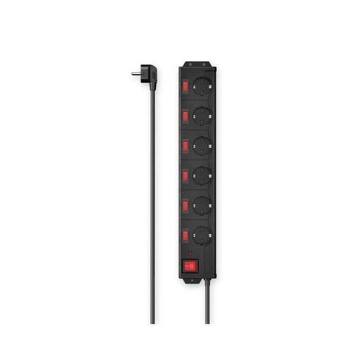 Hama Regleta Alimentacion con 6 Tomas - Potencia Maxima 3680W - Cable 1.4m - Voltaje 250V - Enchufe Schuko en Angulo - 7.5x4.5x46cm - Color Negro