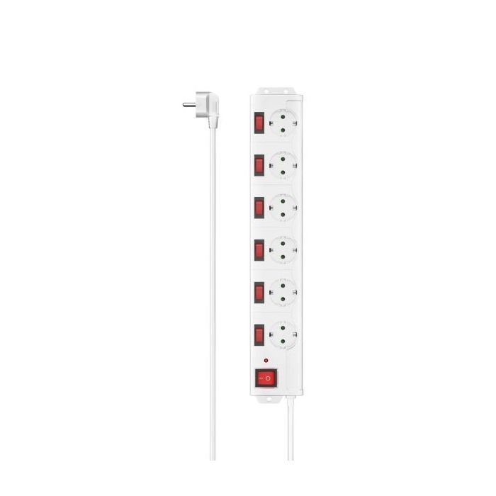Hama Regleta Alimentacion con 6 Tomas - Potencia Maxima 3680W - Cable 1.4m - Voltaje 250V - Interruptor General e Individuales - Enchufe Schuko en Angulo - 7.2x4.1x42.3cm - Color Blanco