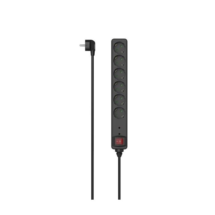 Hama Regleta Alimentacion con 6 Tomas - Potencia Maxima 3680W - Voltaje 250V - Cable 1.4m - Interruptor de Encendido - Enchufe Schuko en Angulo - 4.7x4x35.7cm - Color Negro