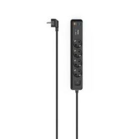 Hama Regleta Alimentacion con 7 Tomas - Potencia Maxima 3680W - Cable 1.4m - 4x Schuko - 2x USB-C - 1x USB-A - Interruptor de Encendido - Enchufe Schuko en Angulo - 5.3x4x30.5cm - Color Negro y Gris