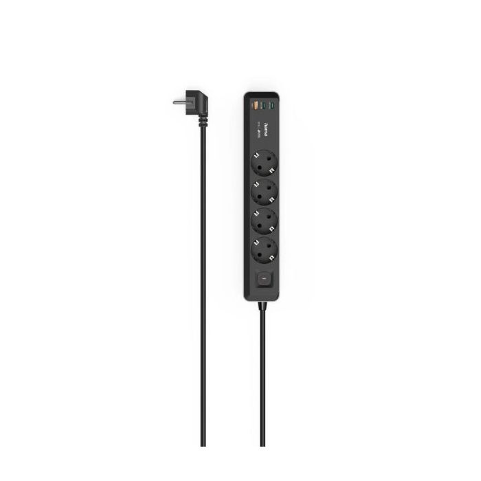 Hama Regleta Alimentacion con 7 Tomas - Potencia Maxima 3680W - Cable 1.4m - 4x Schuko - 2x USB-C - 1x USB-A - Interruptor de Encendido - Enchufe Schuko en Angulo - 5.3x4x30.5cm - Color Negro y Gris