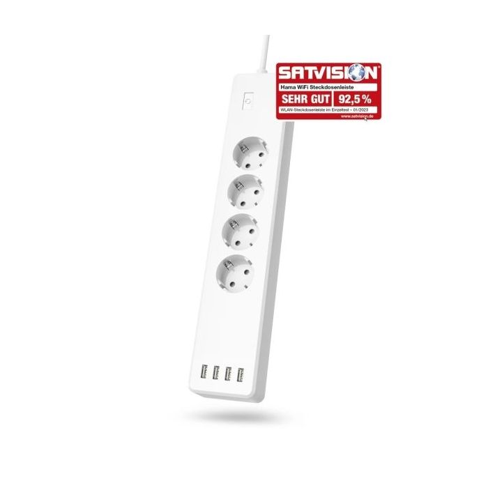 Hama Regleta Alimentacion Inteligente con 8 Tomas - Cable 1.7m - 4x Shuko - 4x USB-A - Compatible con Asistente de Voz - Interruptor de Encendido - WiFi - 35x7x4.3cm - Color Blanco
