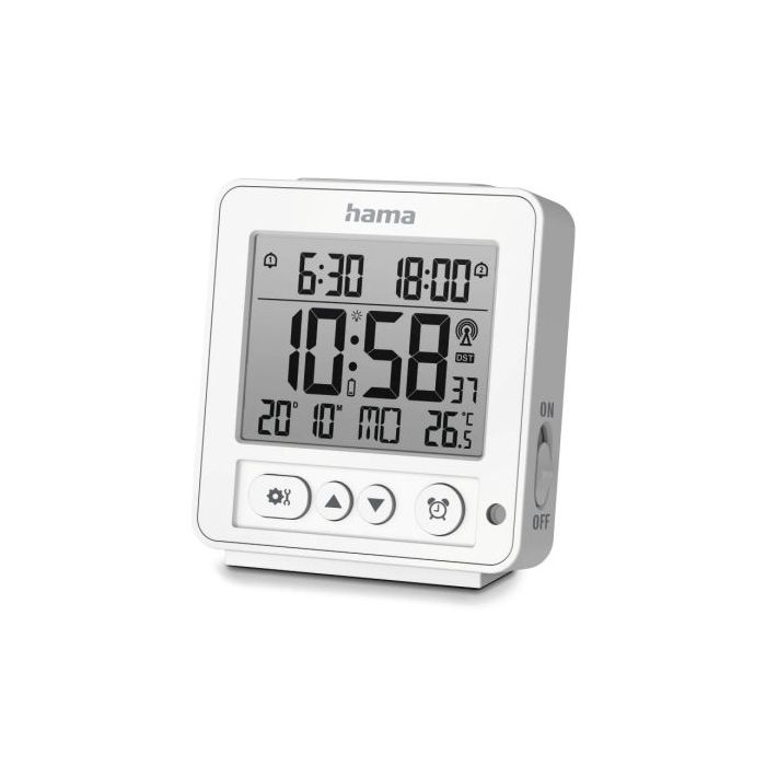 Hama Rhodes Radio Reloj Despertador - Pantalla Digital - Termometro - Funcion de Repeticion de Alarma - 2 Alarmas Configurables - Zona Horaria Ajustable - 9x2.5x10cm - Color Blanco
